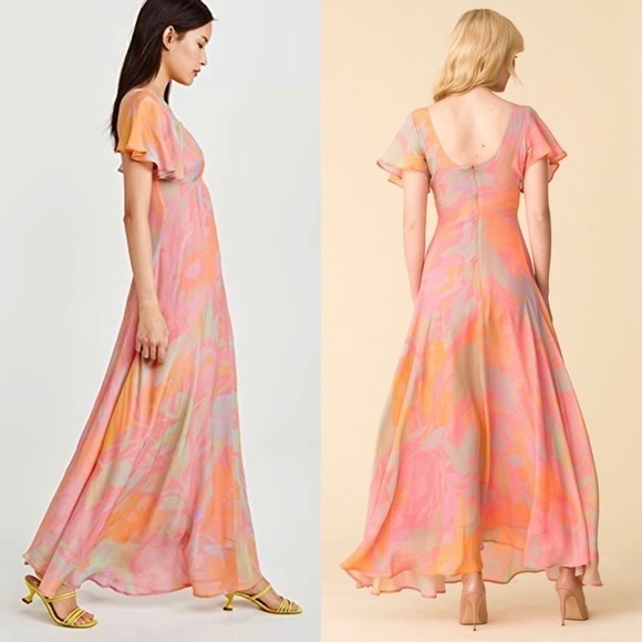 VEDA Bright Floral Short Flutter Sleeve V-Neck Ruched Empire Waist Maxi Dress XS - Picture 10 of 16